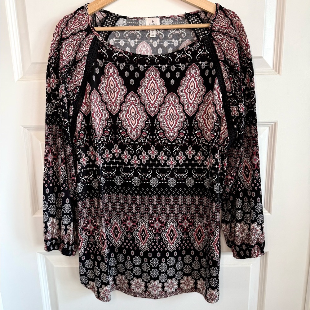 Dressbarn Black and Pink Geometric Peasant Top